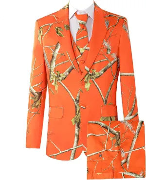2 Piece Regular Fit Suit Set, Shiny Orange Printed Tuxedo Set(Jacket Pants Tie) for Business Wedding Party