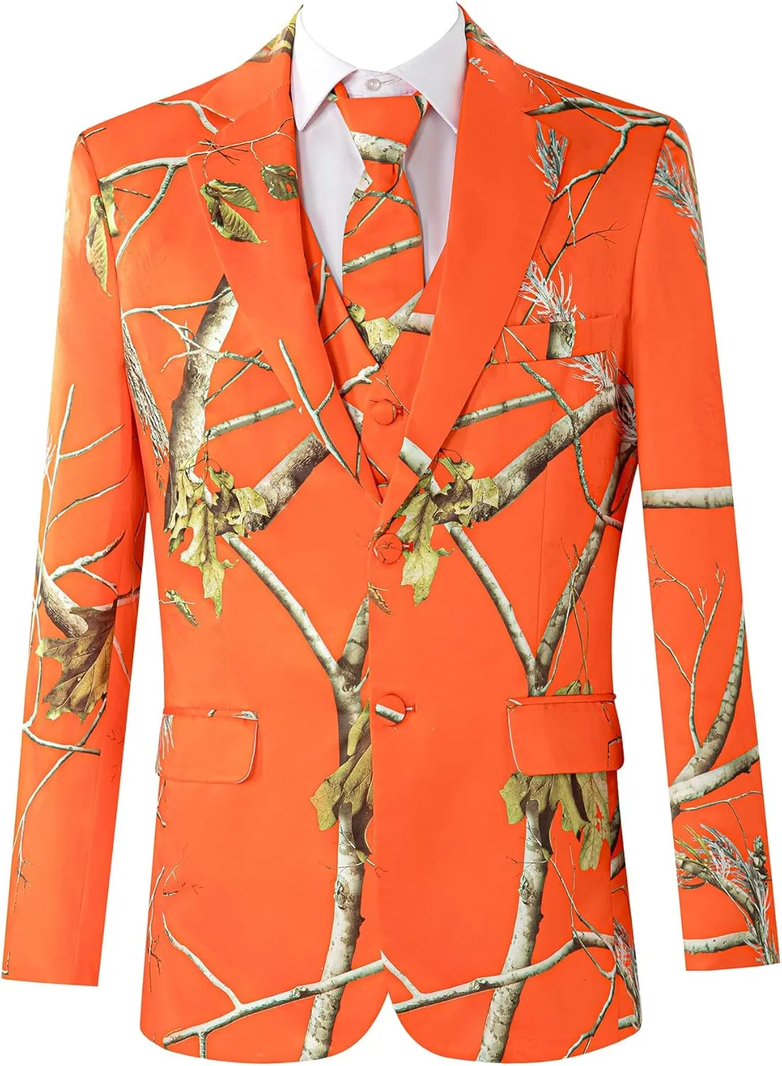 2 Piece Regular Fit Suit Set, Shiny Orange Printed Tuxedo Set(Jacket Pants Tie) for Business Wedding Party