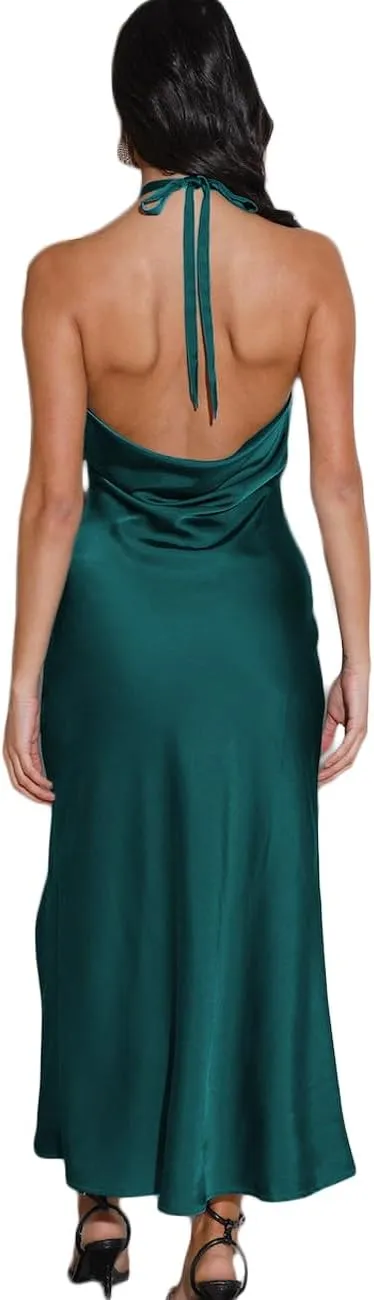2025 Summer Satin Halter Neck Backless Slit Midi Dresses Elegant Cowl Back Ruched Wedding Guest Maxi Dress for Women
