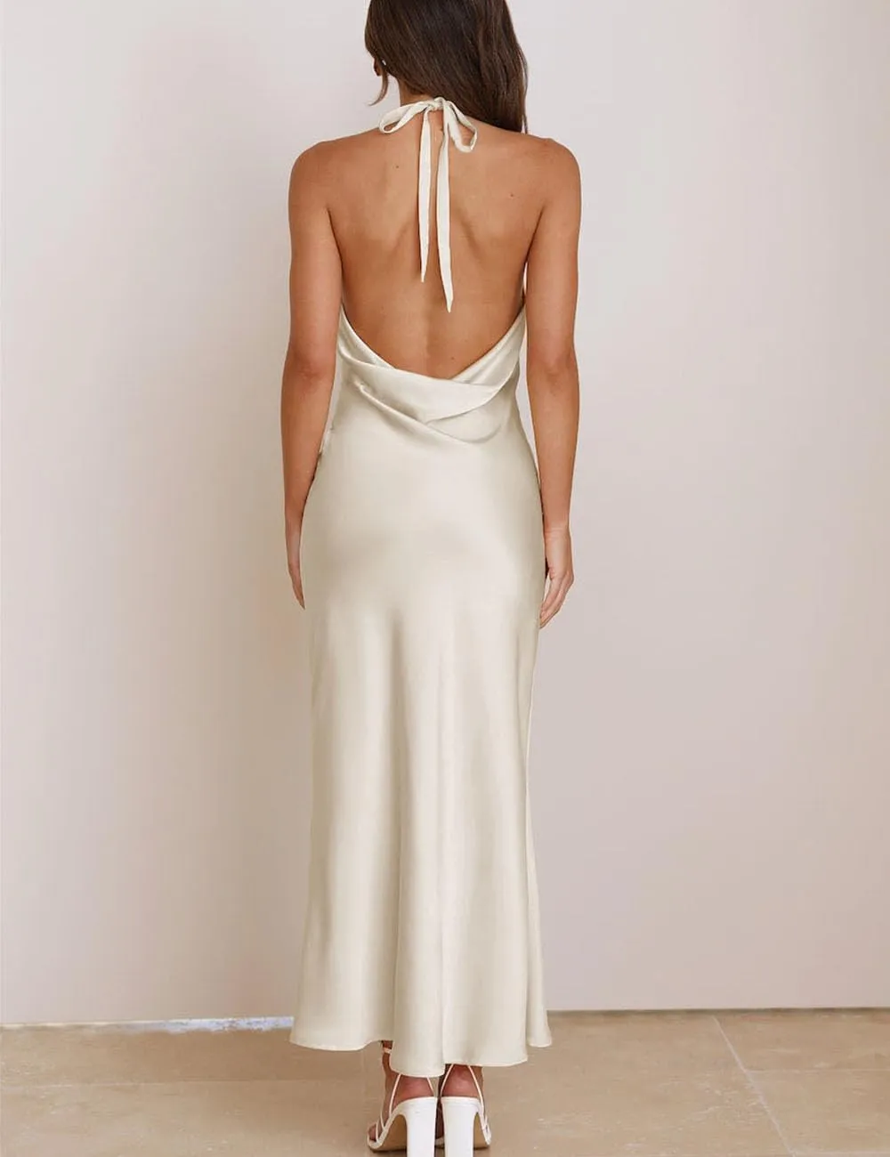 2025 Summer Satin Halter Neck Backless Slit Midi Dresses Elegant Cowl Back Ruched Wedding Guest Maxi Dress for Women