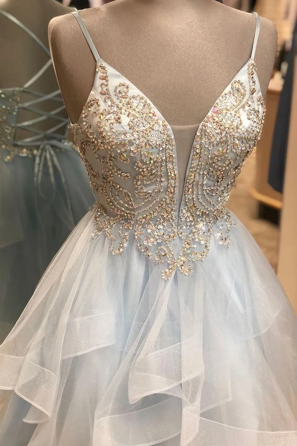 A Line Spaghetti Straps Light Sky Blue Short Homecoming Dress With Beading