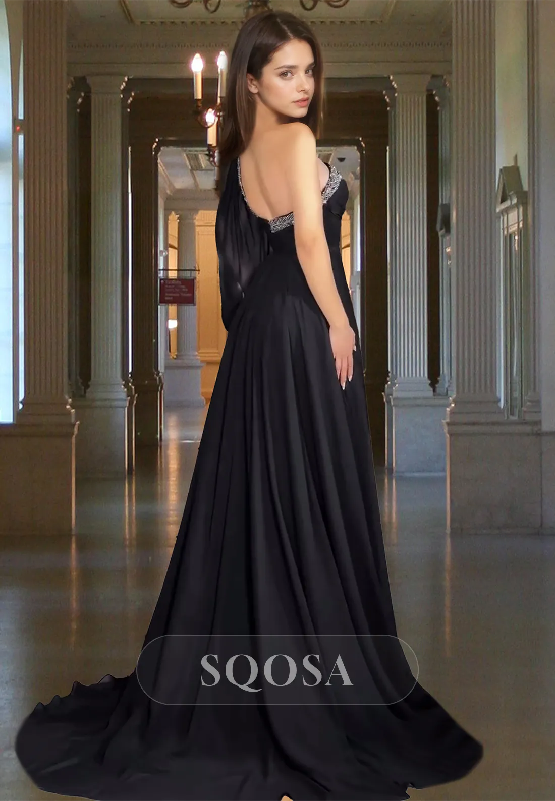 Beaded One-Strap Sweetheart Off-Shoulder Formal Gowns Sleeveless Pleated Chiffon A-Line Prom Dress