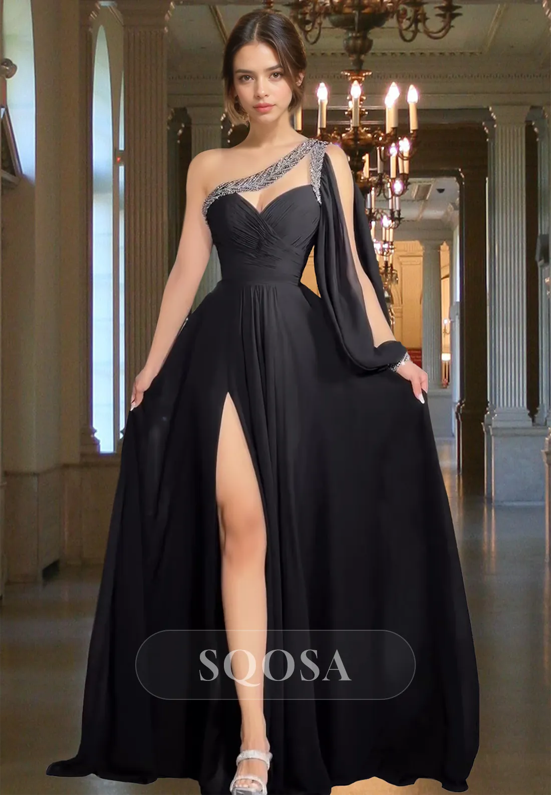 Beaded One-Strap Sweetheart Off-Shoulder Formal Gowns Sleeveless Pleated Chiffon A-Line Prom Dress