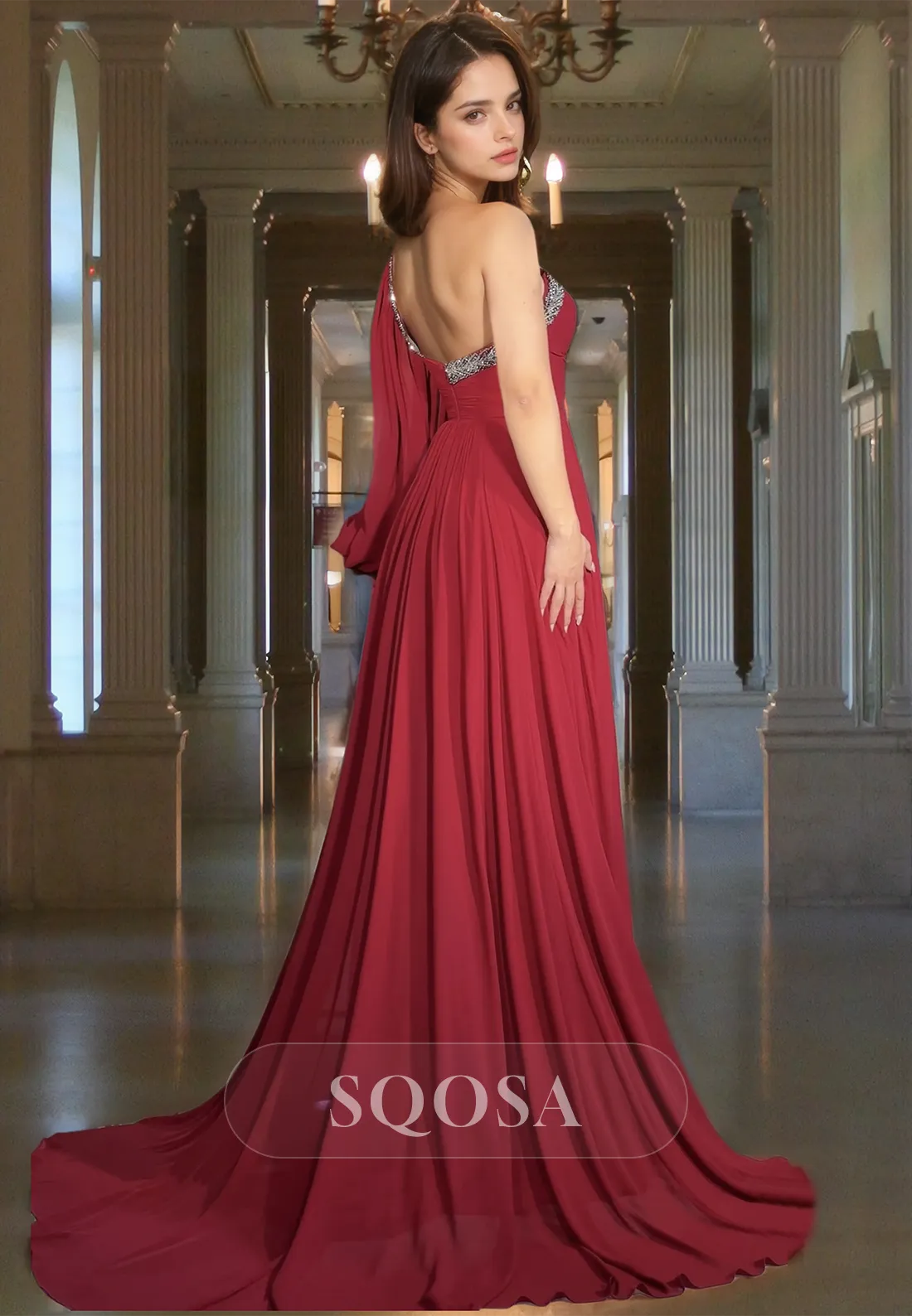 Beaded One-Strap Sweetheart Off-Shoulder Formal Gowns Sleeveless Pleated Chiffon A-Line Prom Dress