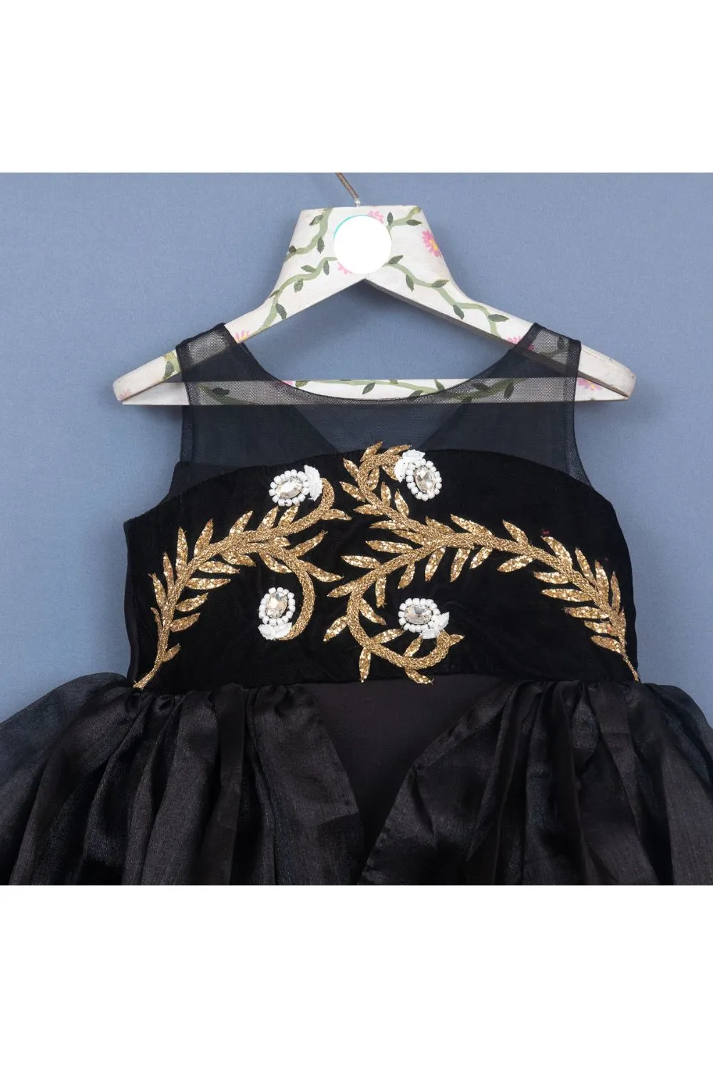 Black And Golden Embroidered Organza Gown