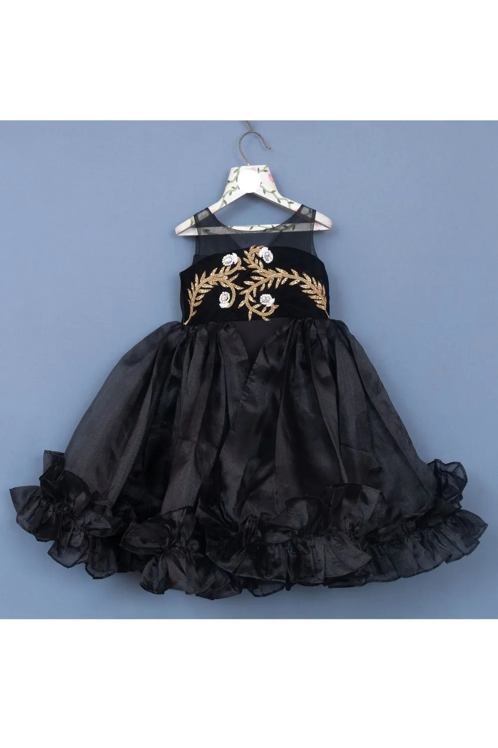 Black And Golden Embroidered Organza Gown