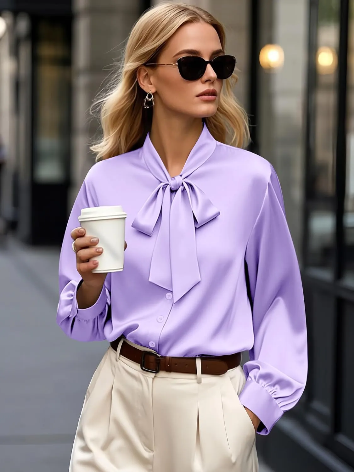 CBOO Women's Bow Tie Neck Button Down Shirts Silk Blouses Long Sleeve Elegant Satin Blouse Casual Dressy Business Tops