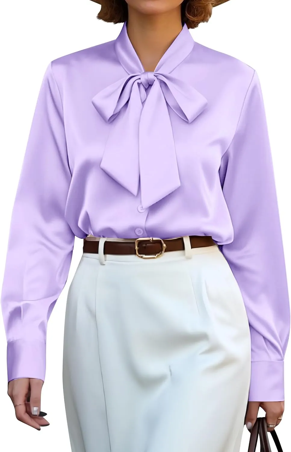 CBOO Women's Bow Tie Neck Button Down Shirts Silk Blouses Long Sleeve Elegant Satin Blouse Casual Dressy Business Tops