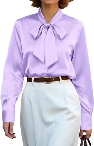 CBOO Women's Bow Tie Neck Button Down Shirts Silk Blouses Long Sleeve Elegant Satin Blouse Casual Dressy Business Tops