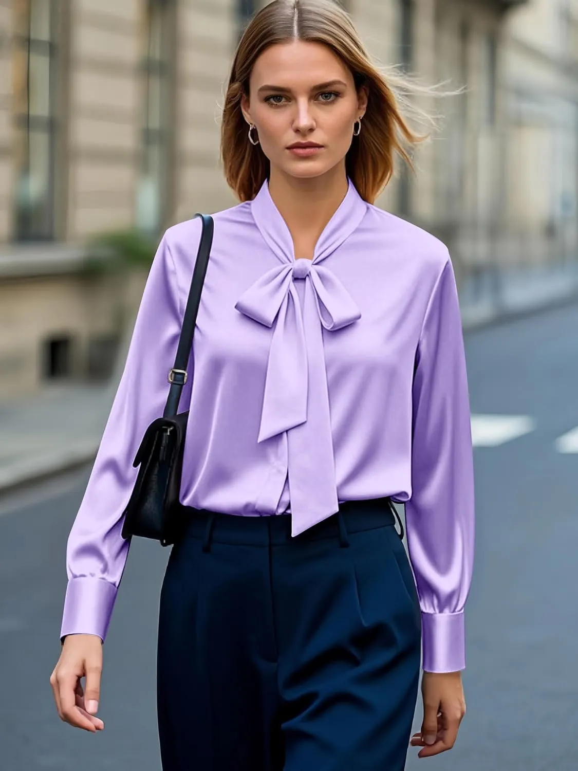 CBOO Women's Bow Tie Neck Button Down Shirts Silk Blouses Long Sleeve Elegant Satin Blouse Casual Dressy Business Tops