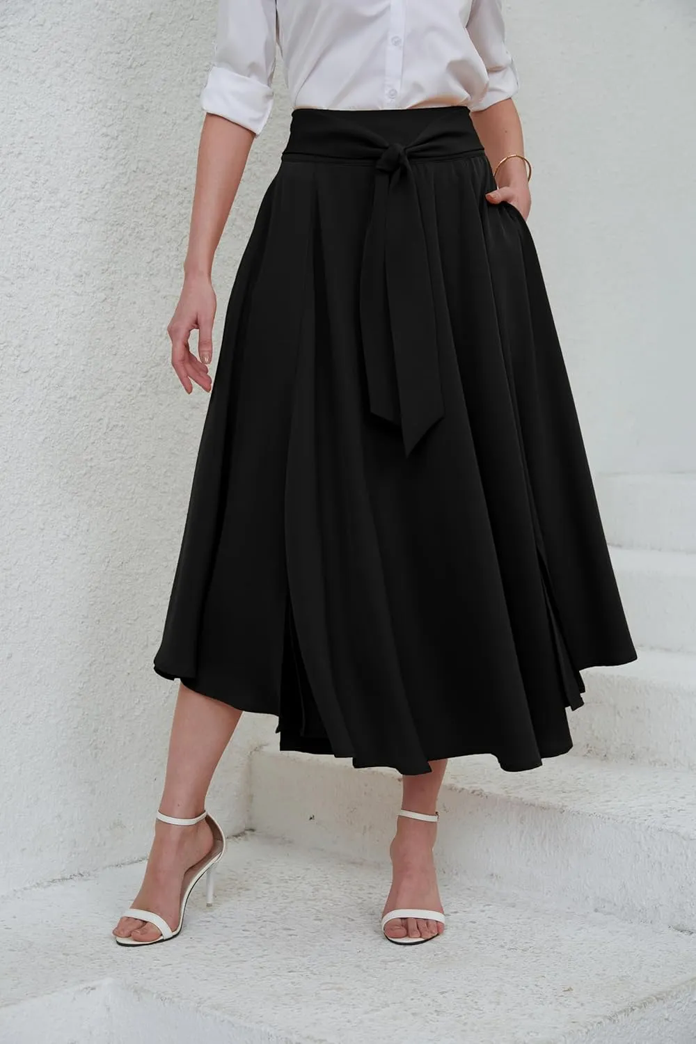 chouyatou Women's Elegant High Waisted Side Slit Irregular Bohemian Maxi Skirt with Pockets