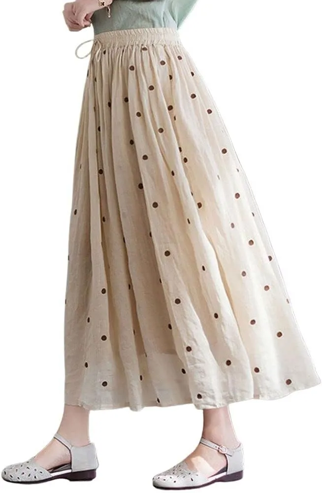 chouyatou Women's Elegant Polka Dot A-Line Skirt Boho Swing Pleated Cotton Midi Long Skirt