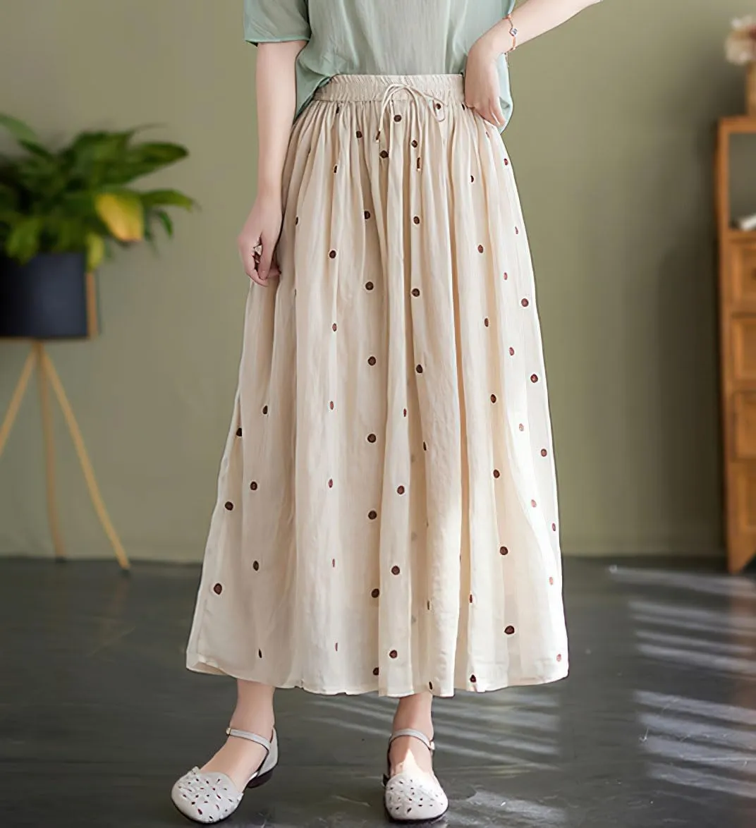 chouyatou Women's Elegant Polka Dot A-Line Skirt Boho Swing Pleated Cotton Midi Long Skirt