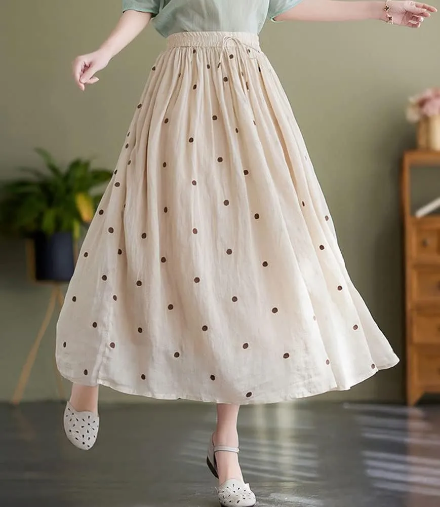 chouyatou Women's Elegant Polka Dot A-Line Skirt Boho Swing Pleated Cotton Midi Long Skirt