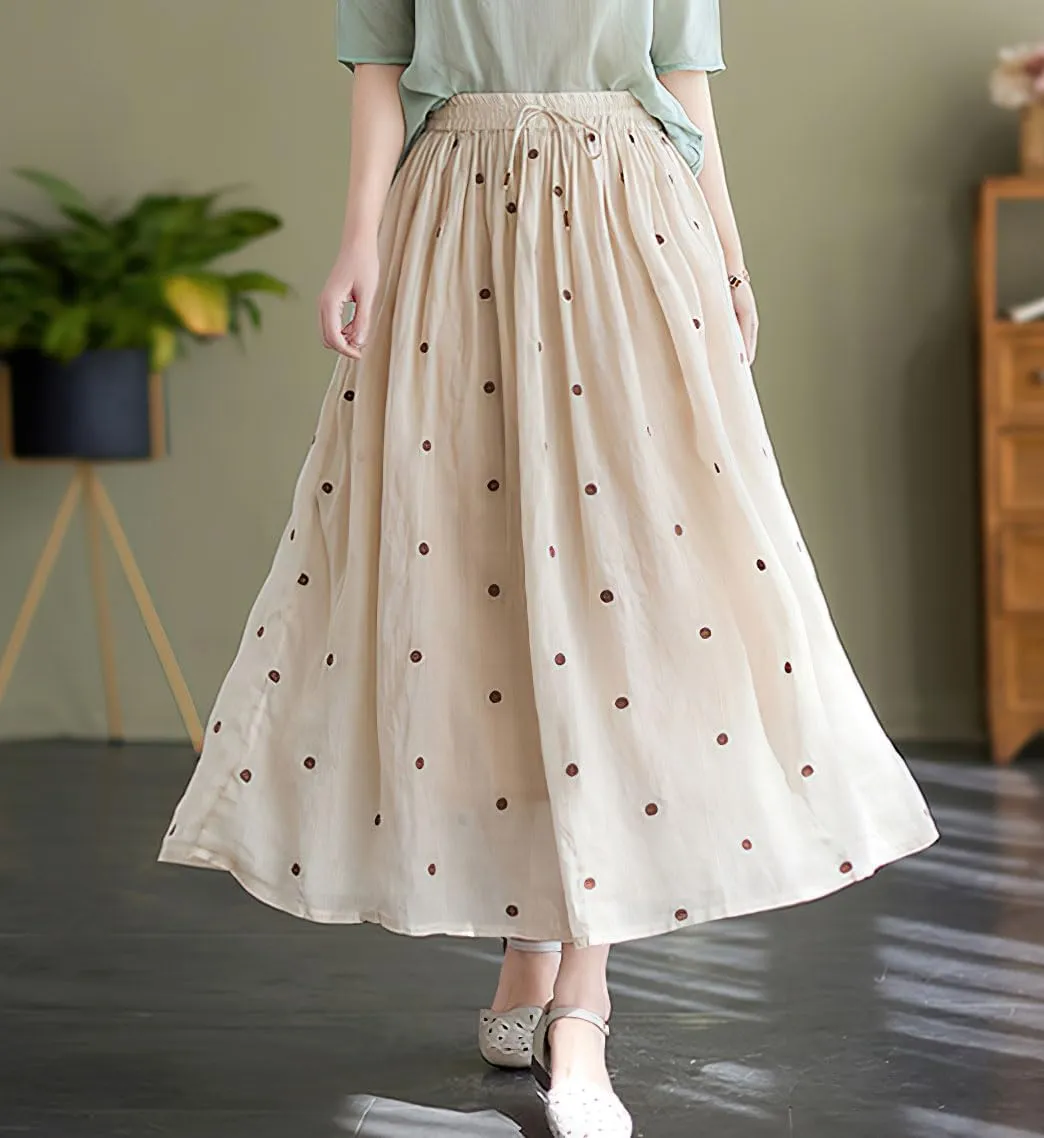 chouyatou Women's Elegant Polka Dot A-Line Skirt Boho Swing Pleated Cotton Midi Long Skirt