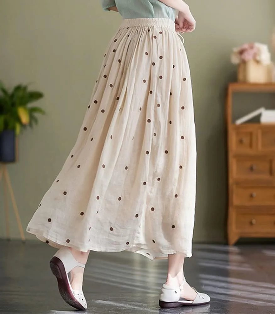 chouyatou Women's Elegant Polka Dot A-Line Skirt Boho Swing Pleated Cotton Midi Long Skirt