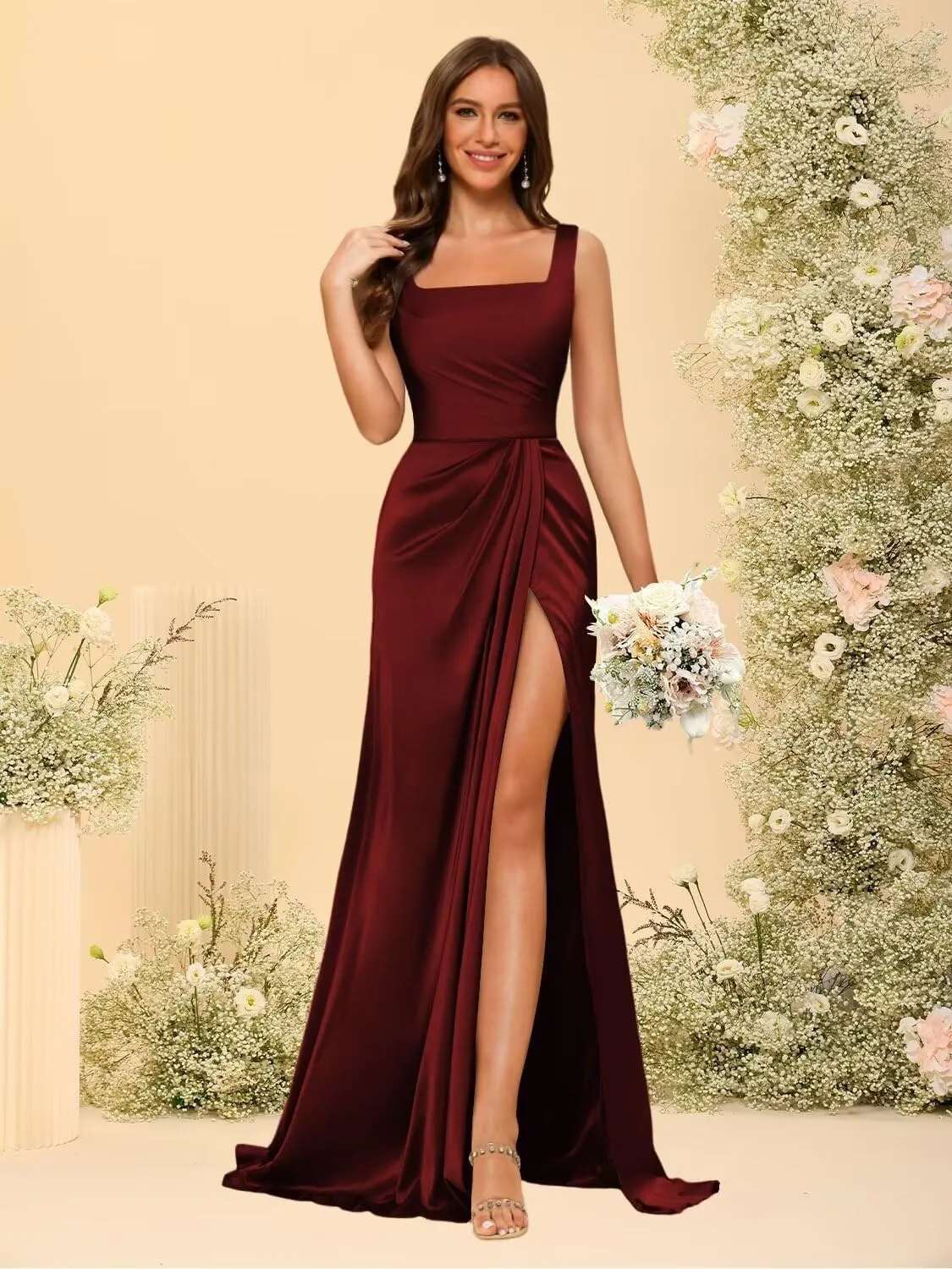 Dessiny Lantern Sleeves Satin Bridesmaid Dresses for Women with Slit V Neck Pleated Maxi Formal Dress DE214