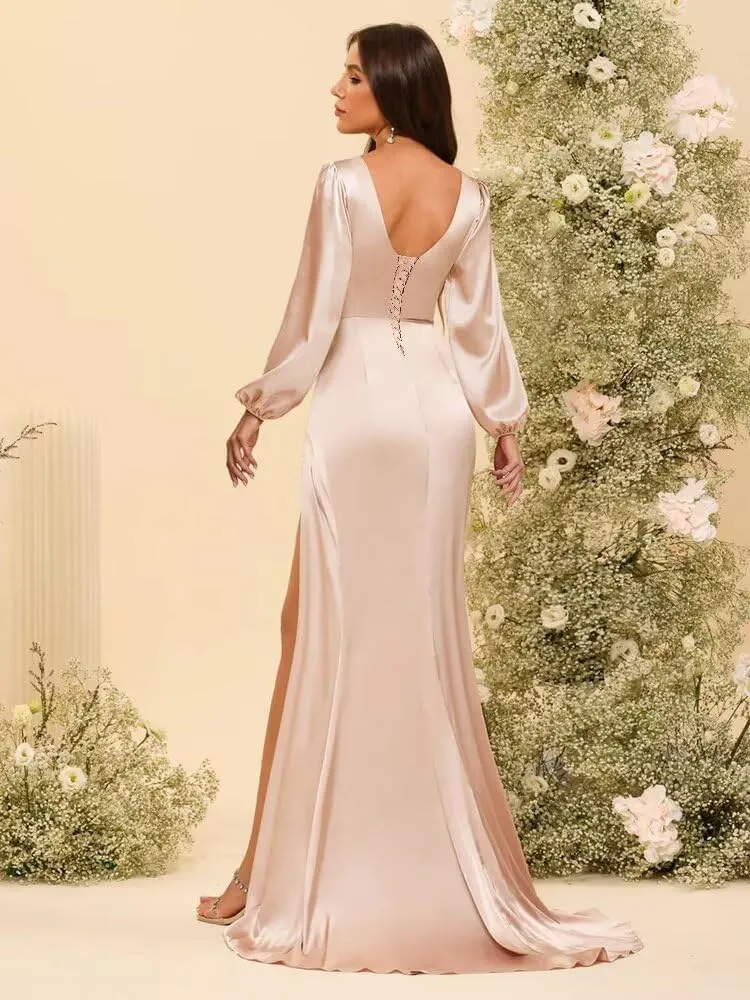Dessiny Lantern Sleeves Satin Bridesmaid Dresses for Women with Slit V Neck Pleated Maxi Formal Dress DE214