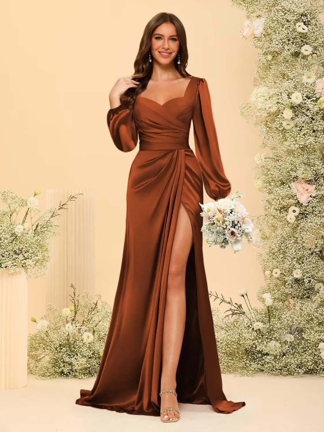 Dessiny Lantern Sleeves Satin Bridesmaid Dresses for Women with Slit V Neck Pleated Maxi Formal Dress DE214