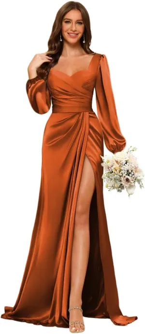 Dessiny Lantern Sleeves Satin Bridesmaid Dresses for Women with Slit V Neck Pleated Maxi Formal Dress DE214