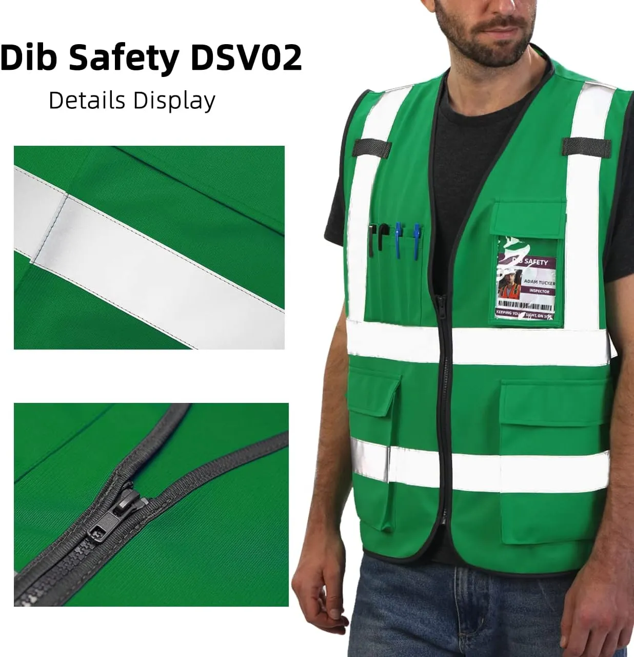Dib Safety Reflective Vest High Visibility with Pockets and Zipper, Green XL