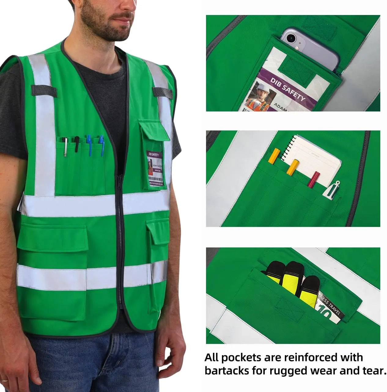 Dib Safety Reflective Vest High Visibility with Pockets and Zipper, Green XL