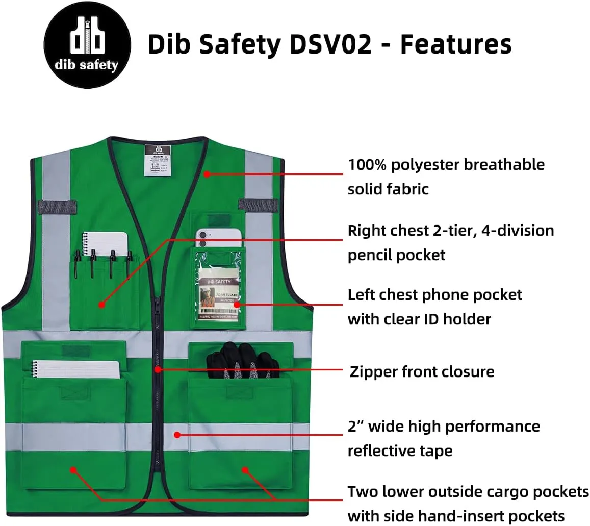 Dib Safety Reflective Vest High Visibility with Pockets and Zipper, Green XL
