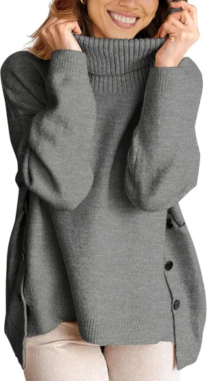 ECOWISH Women Fall Pullover Sweater Turtleneck Solid Long Sleeve Loose Casual Chunky Ribbed Knit Winter Sweaters Jumper Tops B-Gray S
