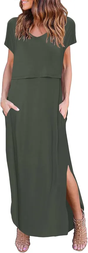 Ekouaer Women's Nursing Dress Summer V Neck Short Sleeve Maternity Split Long Dresses for Breastfeeding with Pockets S-XXL