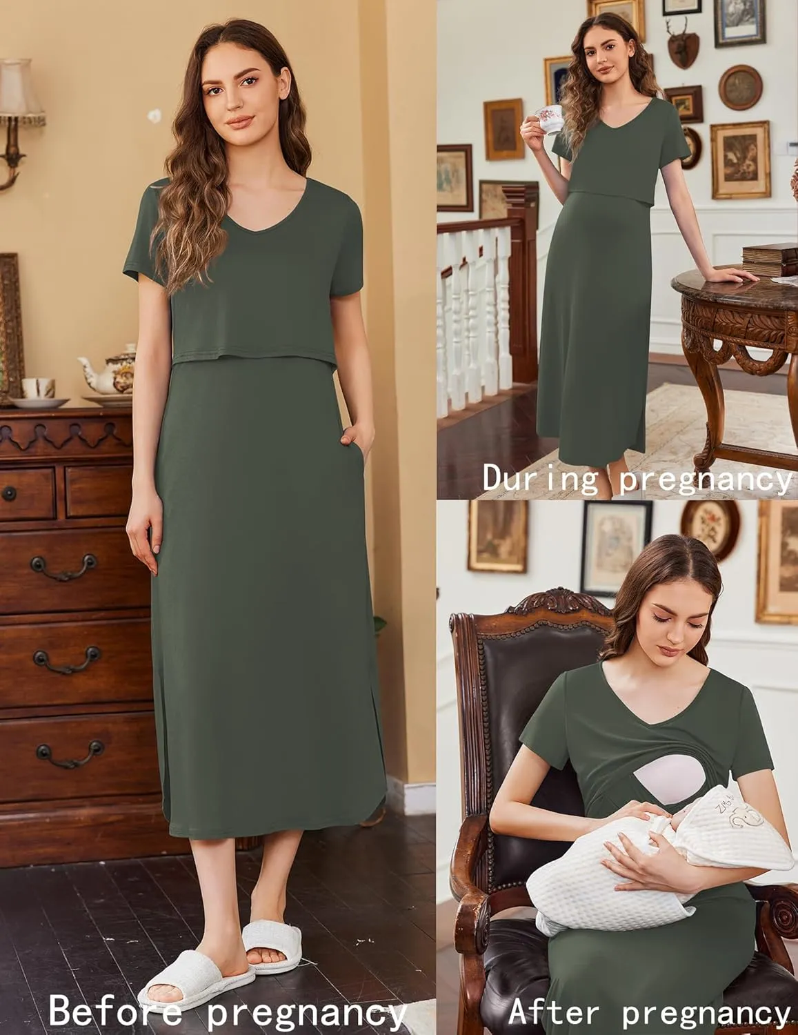 Ekouaer Women's Nursing Dress Summer V Neck Short Sleeve Maternity Split Long Dresses for Breastfeeding with Pockets S-XXL