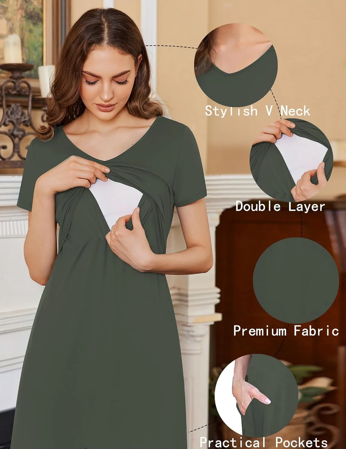 Ekouaer Women's Nursing Dress Summer V Neck Short Sleeve Maternity Split Long Dresses for Breastfeeding with Pockets S-XXL