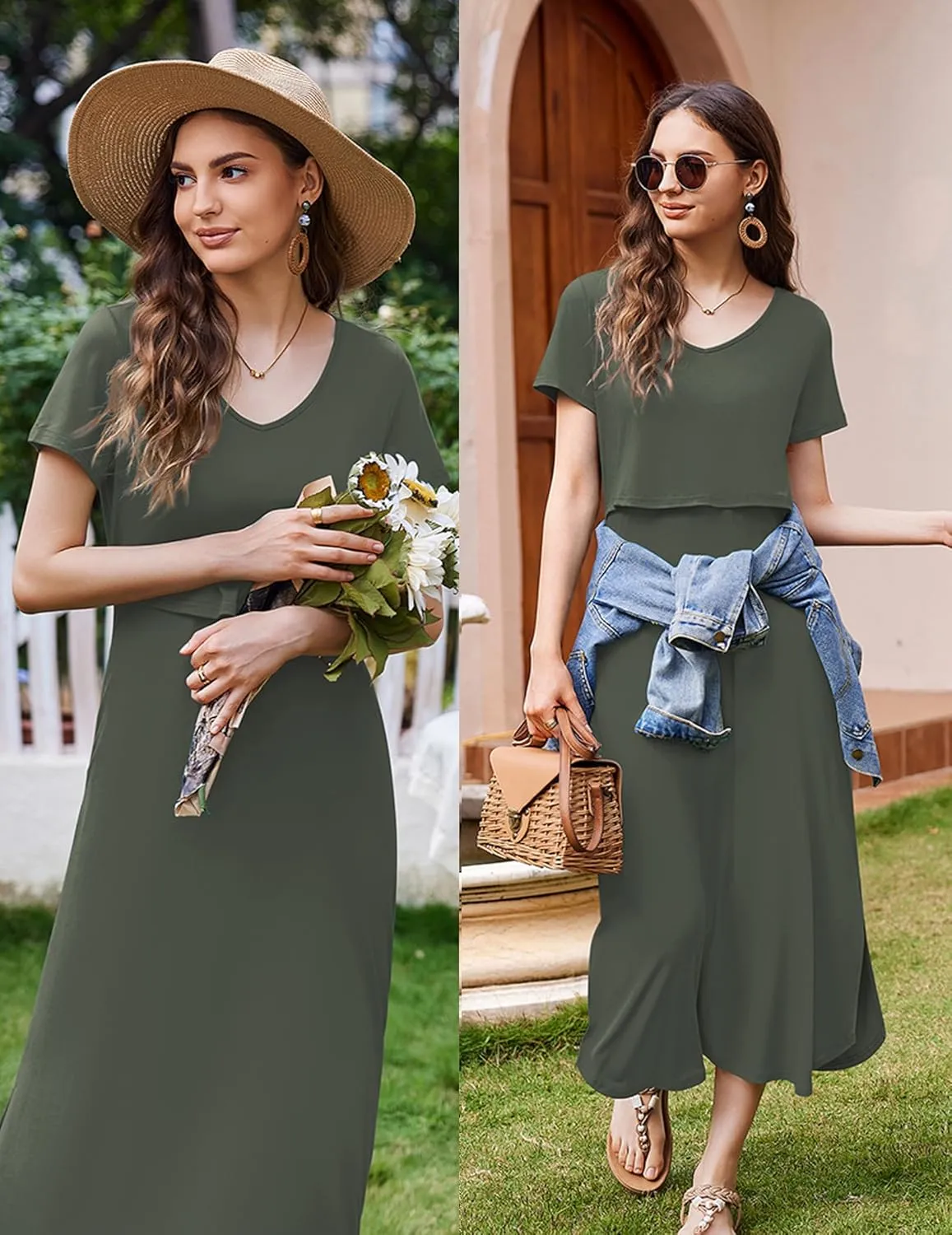 Ekouaer Women's Nursing Dress Summer V Neck Short Sleeve Maternity Split Long Dresses for Breastfeeding with Pockets S-XXL