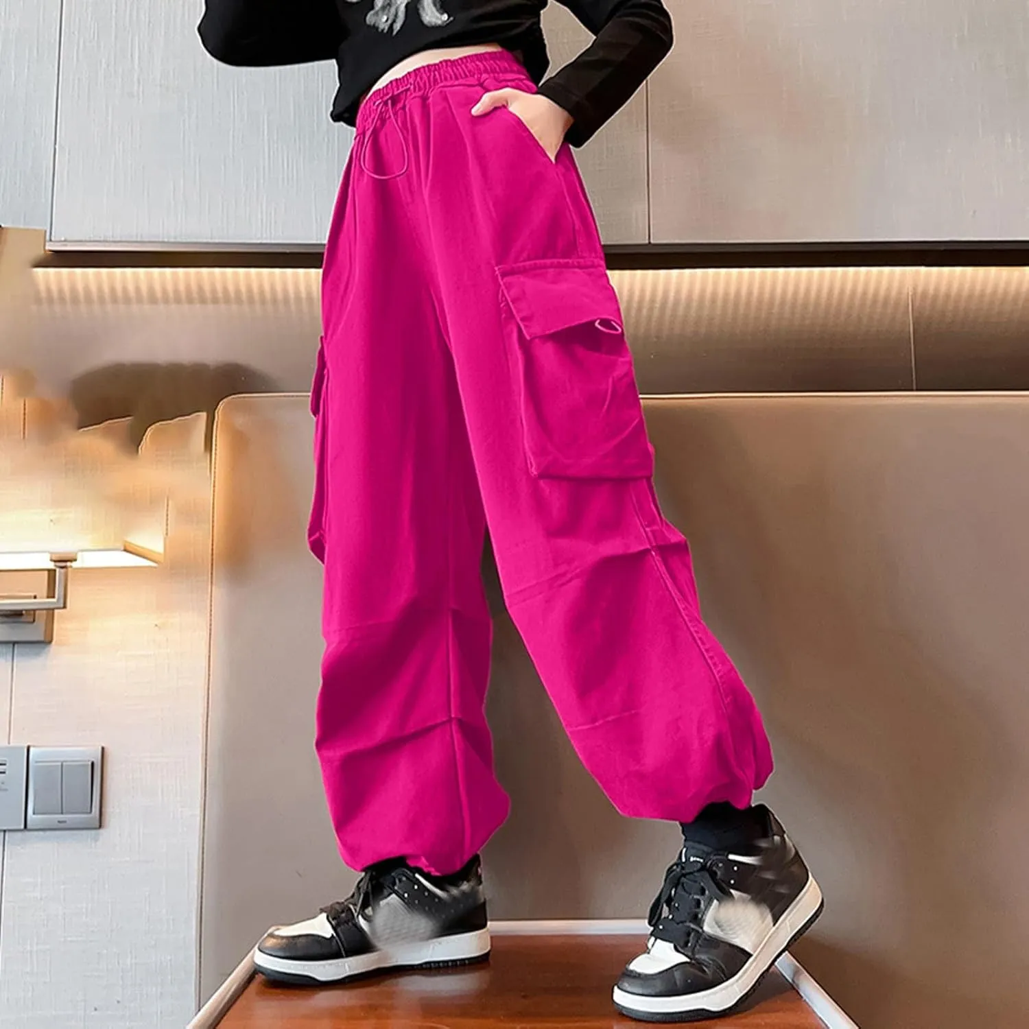 Girls Cargo Pants Wide Leg Pants Teen Kids Solid Drawstring Straight Joggers Trousers with Pockets 3-16 Years
