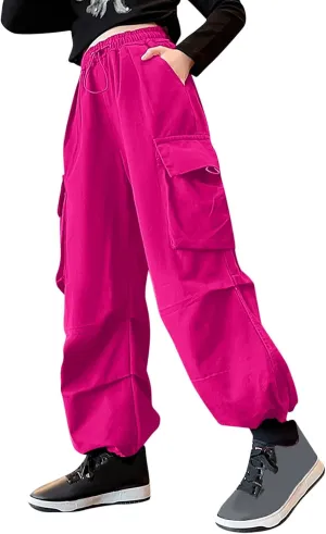 Girls Cargo Pants Wide Leg Pants Teen Kids Solid Drawstring Straight Joggers Trousers with Pockets 3-16 Years