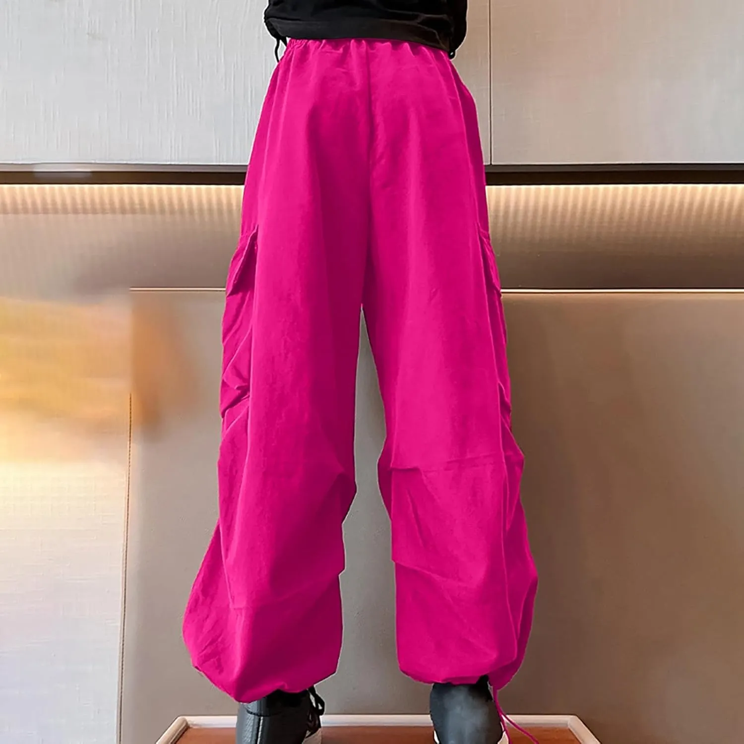 Girls Cargo Pants Wide Leg Pants Teen Kids Solid Drawstring Straight Joggers Trousers with Pockets 3-16 Years