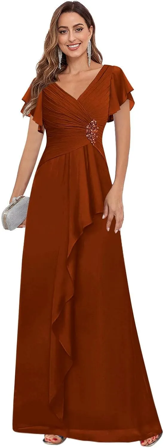 GUKARLEED Womens Ruffles Mother of The Bride Dresses Long V Neck Lace Appliques Formal Dress for Wedding Guest with Sleeves