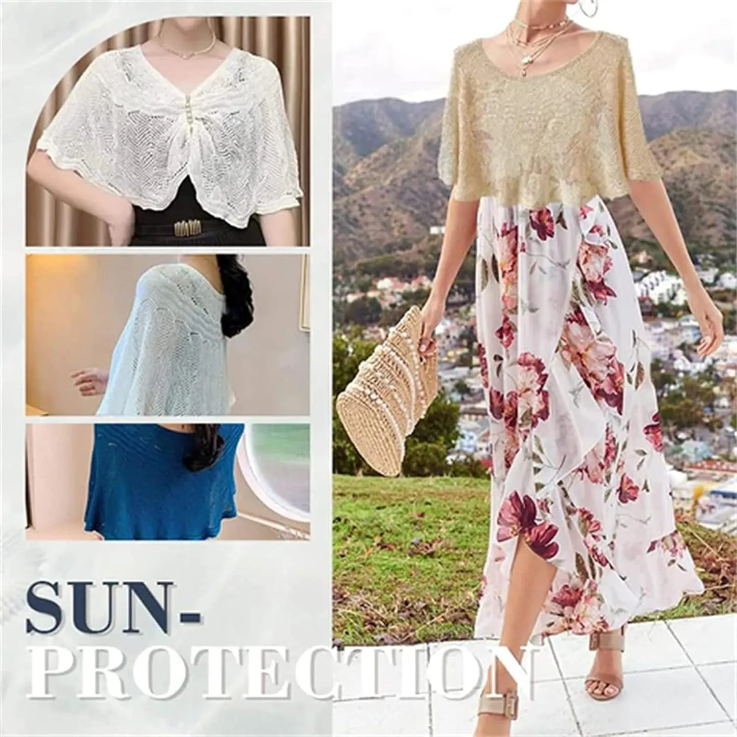 Ice Silk Knitted Shawl, Summer Hollow-Out Knit Wrap for Women