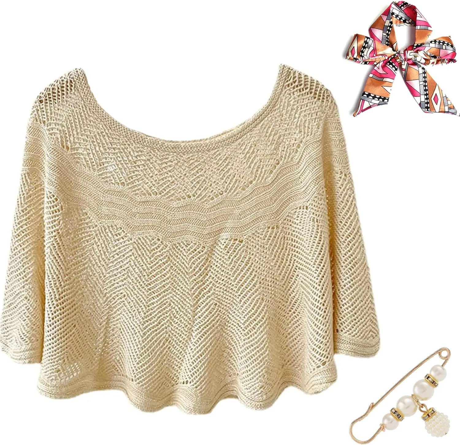 Ice Silk Knitted Shawl, Summer Hollow-Out Knit Wrap for Women