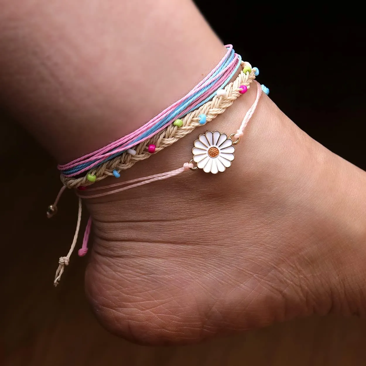 Jean Beau Boho String Anklets Bracelet for Women Teen Surfer Wave Waterproof Rope Dainty Sunflower Cute Beads Handmade Stackable Braided Beach Anklet Friendship Summer Foot Jewelry