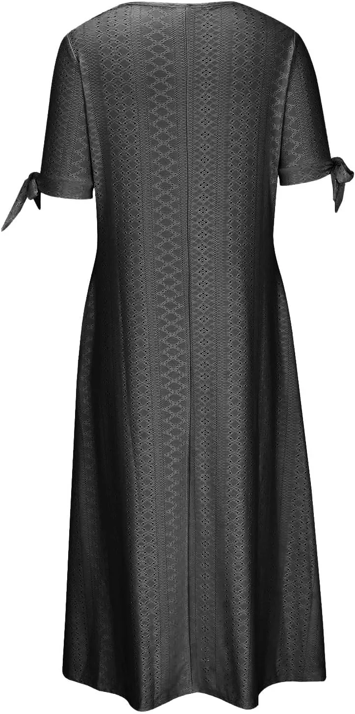 JOAU Womens Boho Hollow Out Eyelet Midi Dress Summer Crew Neck Tie Knot Slit Short Sleeve Vacation Beach Dresses with Pockets