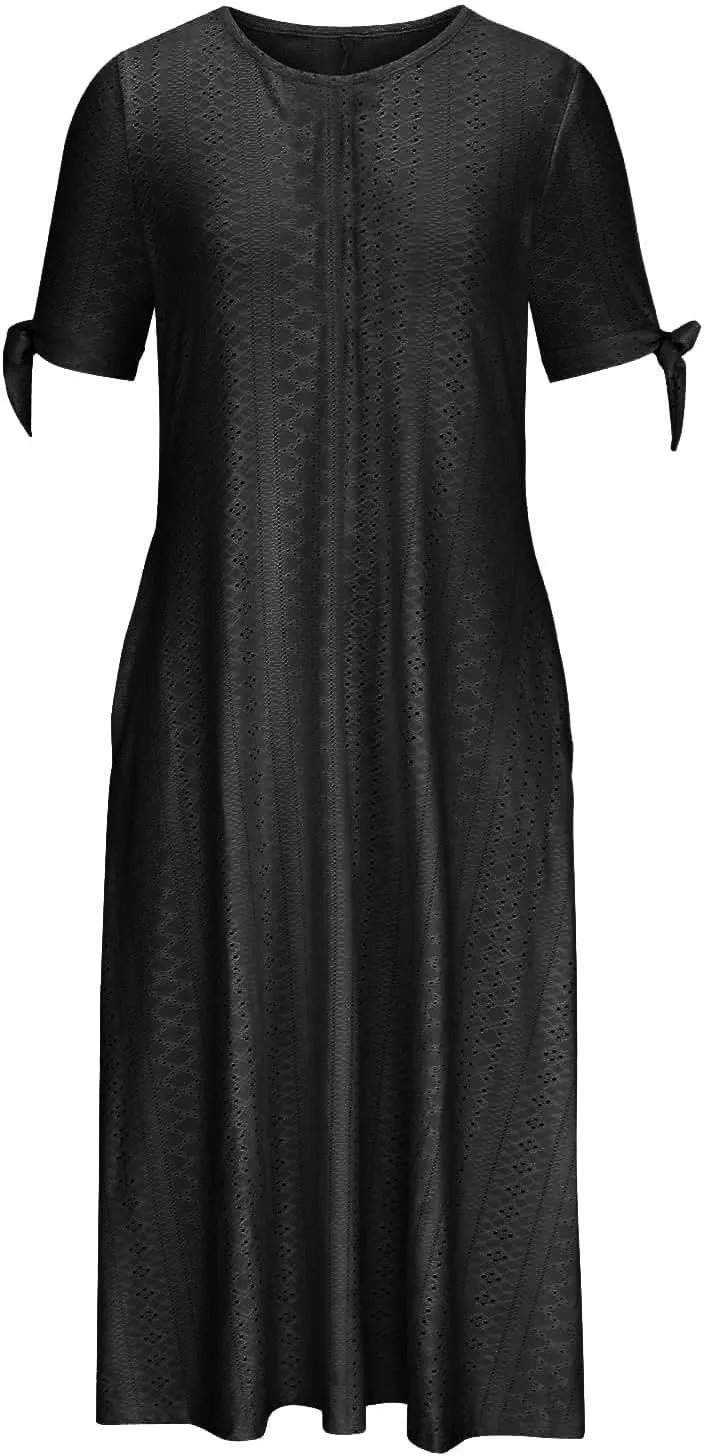 JOAU Womens Boho Hollow Out Eyelet Midi Dress Summer Crew Neck Tie Knot Slit Short Sleeve Vacation Beach Dresses with Pockets