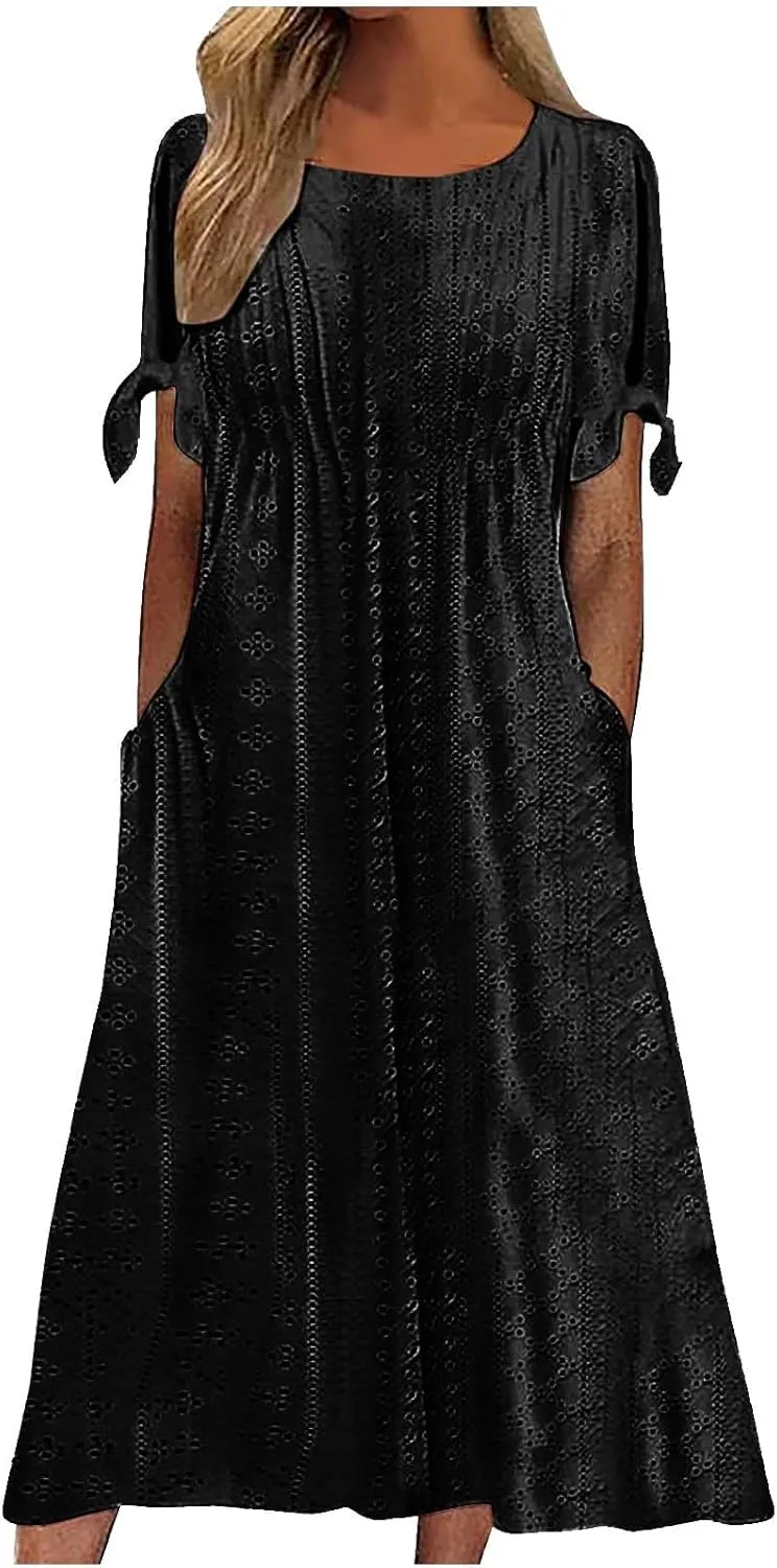 JOAU Womens Boho Hollow Out Eyelet Midi Dress Summer Crew Neck Tie Knot Slit Short Sleeve Vacation Beach Dresses with Pockets