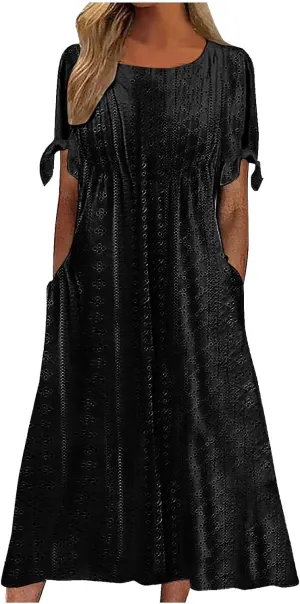 JOAU Womens Boho Hollow Out Eyelet Midi Dress Summer Crew Neck Tie Knot Slit Short Sleeve Vacation Beach Dresses with Pockets