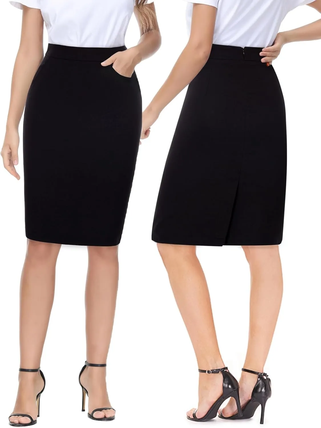 Kate Kasin Womens Knee Length Elastic Waist Basic Stretchy Bodycon Business Pencil Skirt