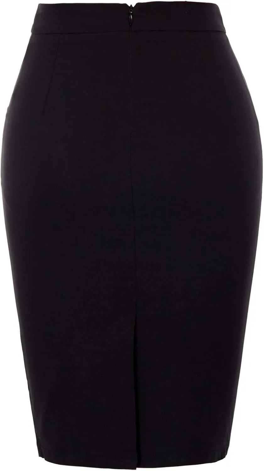 Kate Kasin Womens Knee Length Elastic Waist Basic Stretchy Bodycon Business Pencil Skirt