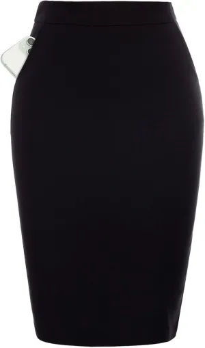 Kate Kasin Womens Knee Length Elastic Waist Basic Stretchy Bodycon Business Pencil Skirt