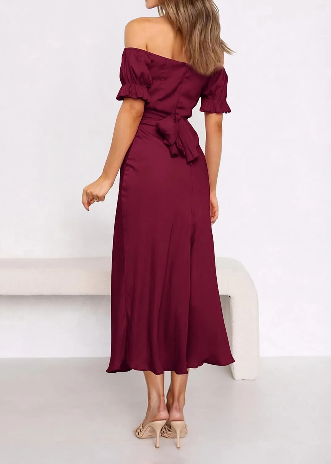 KIRUNDO Women's 2025 Summer Satin Midi Dress Off The Shoulder Wrap Ruched Wedding Guest Party Cocktail Formal Prom Dresses