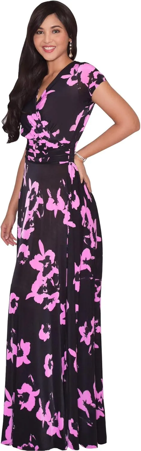 KOH KOH Womens Short Cap Sleeves Abstract Flower Print Long Maxi Dress Gown