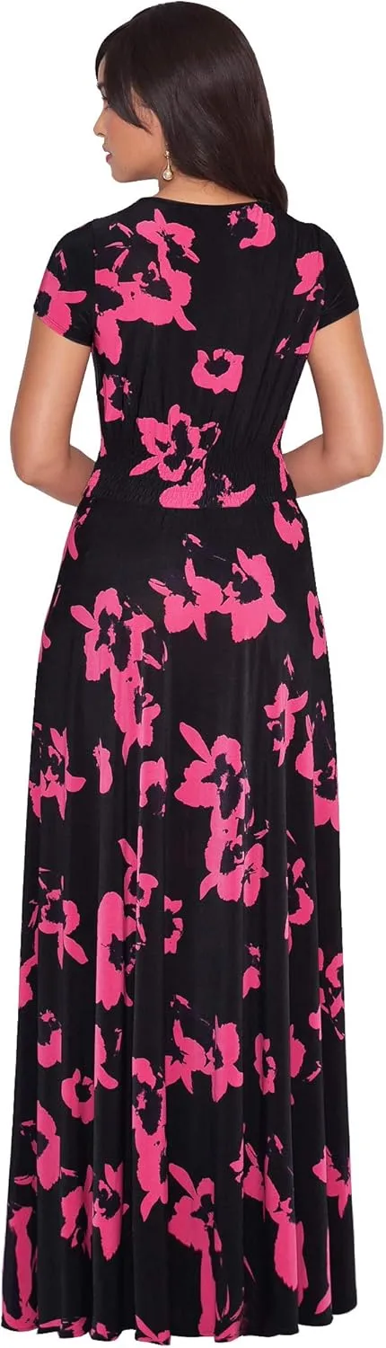 KOH KOH Womens Short Cap Sleeves Abstract Flower Print Long Maxi Dress Gown