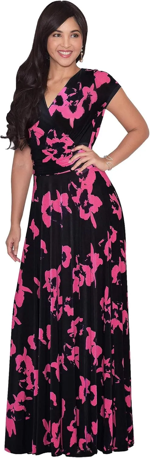 KOH KOH Womens Short Cap Sleeves Abstract Flower Print Long Maxi Dress Gown